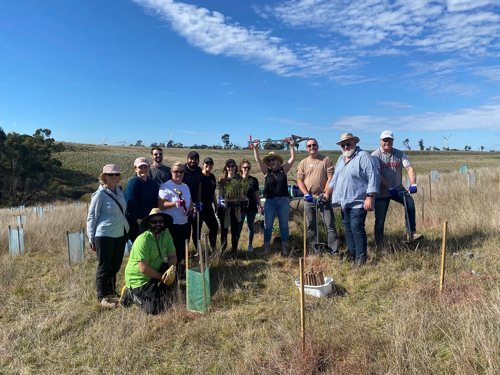 Group of people planting trees in a grassy field under a blue sky