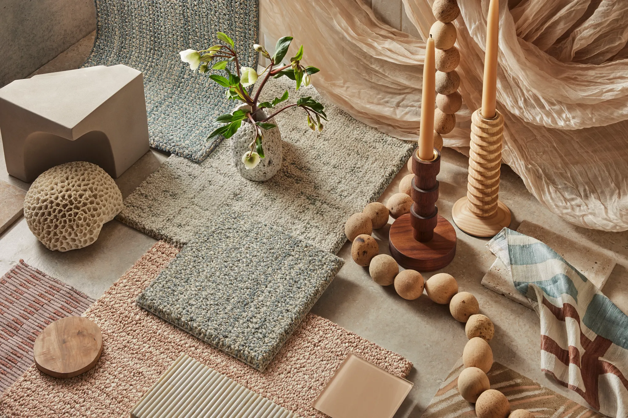 100% Wool Carpet Swatches in Blue, Beige, and Brown Tones