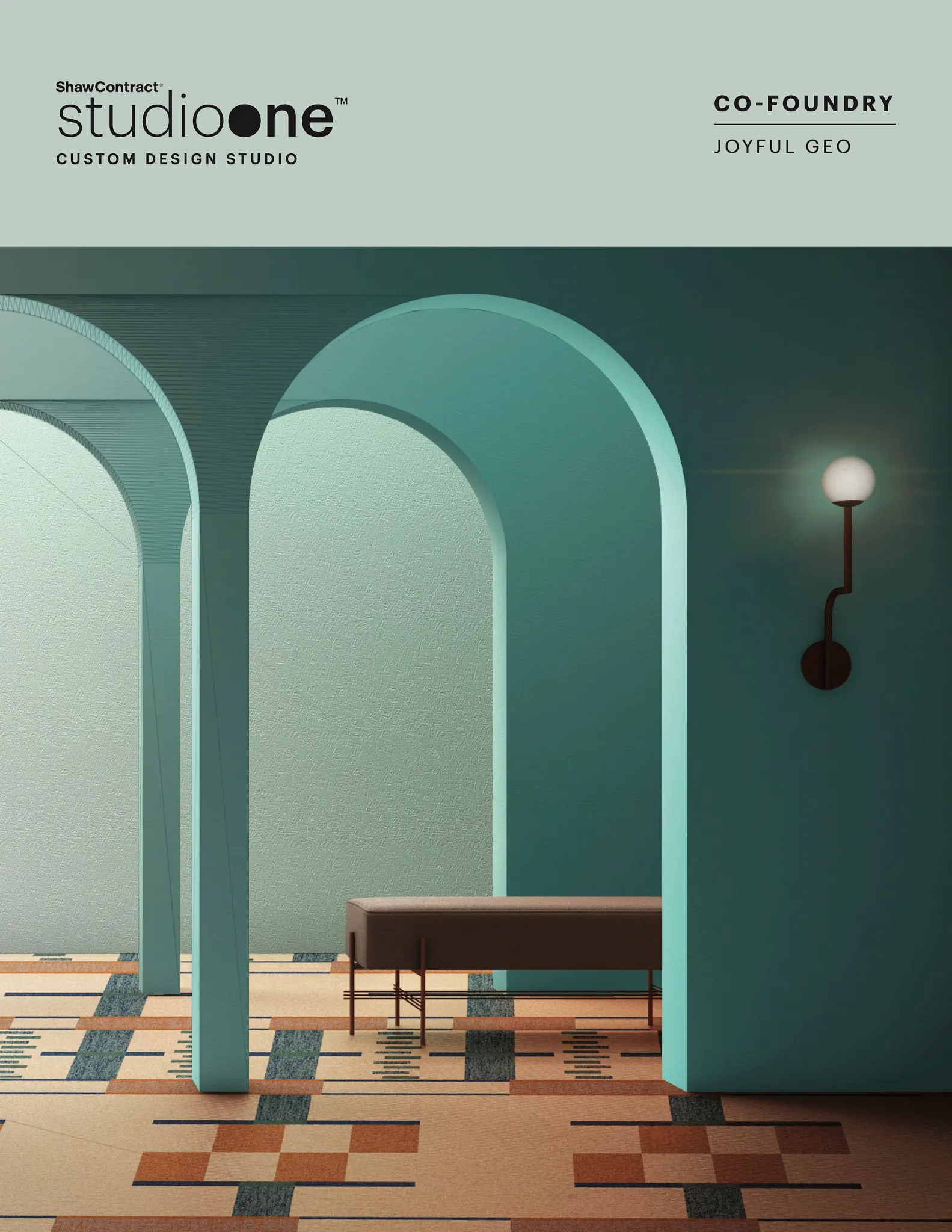 Modern hospitality interior with geometric patterned flooring in shades of brown, blue, and beige, featuring teal arches and a minimalist bench
