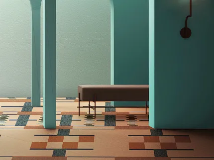 Hospitality Interior with Geometric Patterned Flooring and Teal Arches Modern hospitality interior with geometric patterned flooring in shades of brown, blue, and beige, featuring teal arches and a minimalist bench