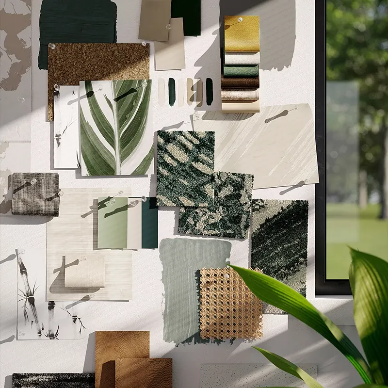 Mood board with various fabric and material swatches in green, beige, and brown tones