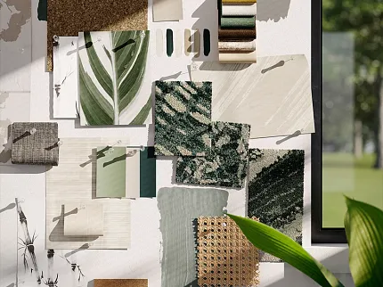 Interior design mood board with fabric and material swatches in natural tones Mood board with various fabric and material swatches in green, beige, and brown tones