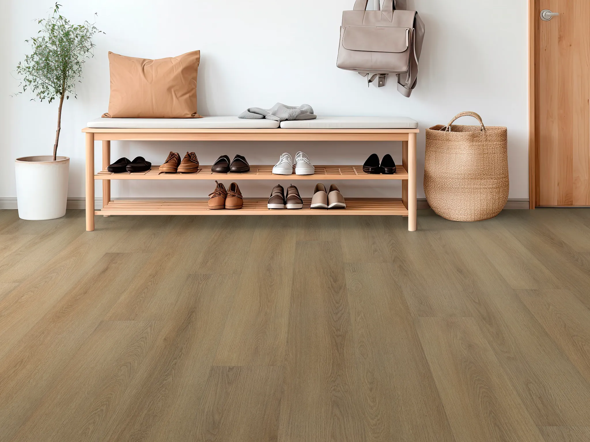 Modern entryway with wood look luxury vinyl plank flooring, featuring a shoe rack and a potted plant