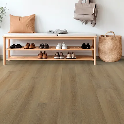 Wood Look Luxury Vinyl Plank Flooring in Modern Entryway - Durable and Stylish Modern entryway with wood look luxury vinyl plank flooring, featuring a shoe rack and a potted plant