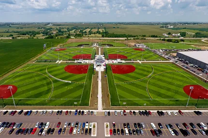 Sports complex with artificial turf fields and parking lot Aerial view of sports complex with artificial turf fields and parking lot