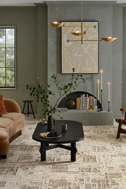 Beige and Brown Carpet Flooring in Modern Living Room Scene Modern living room with beige and brown carpet flooring, featuring a tan sofa, black coffee table, and wooden chair