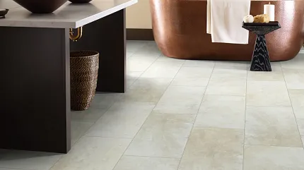 Modern Bathroom with Tile Flooring and Copper Tub  Modern Bathroom with Tile Flooring and Copper Tub
