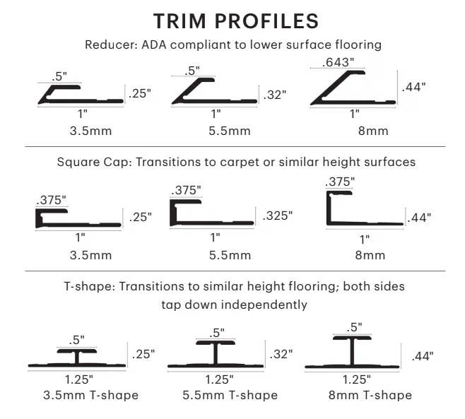 Trim profiles for flooring transitions including reducer, square cap, and T-shape designs with dimensions in inches