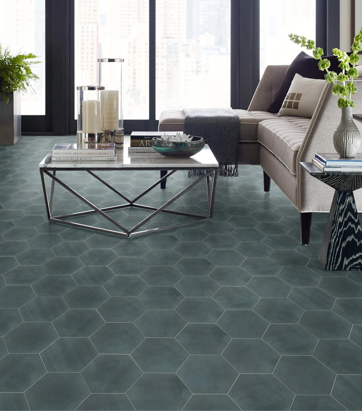 living room with hexagonal tile & stone flooring