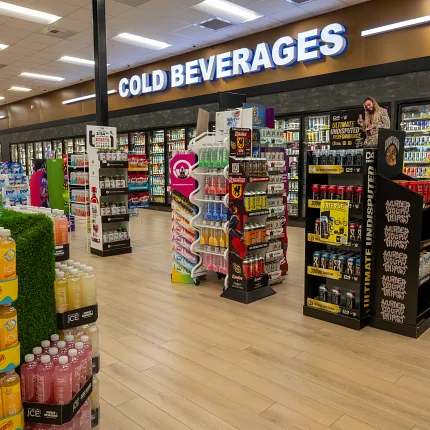 Durable Rigid Mineral Core flooring 47.55x5.66 inch for commercial spaces Rigid Core flooring in a beverage aisle with cold drinks display