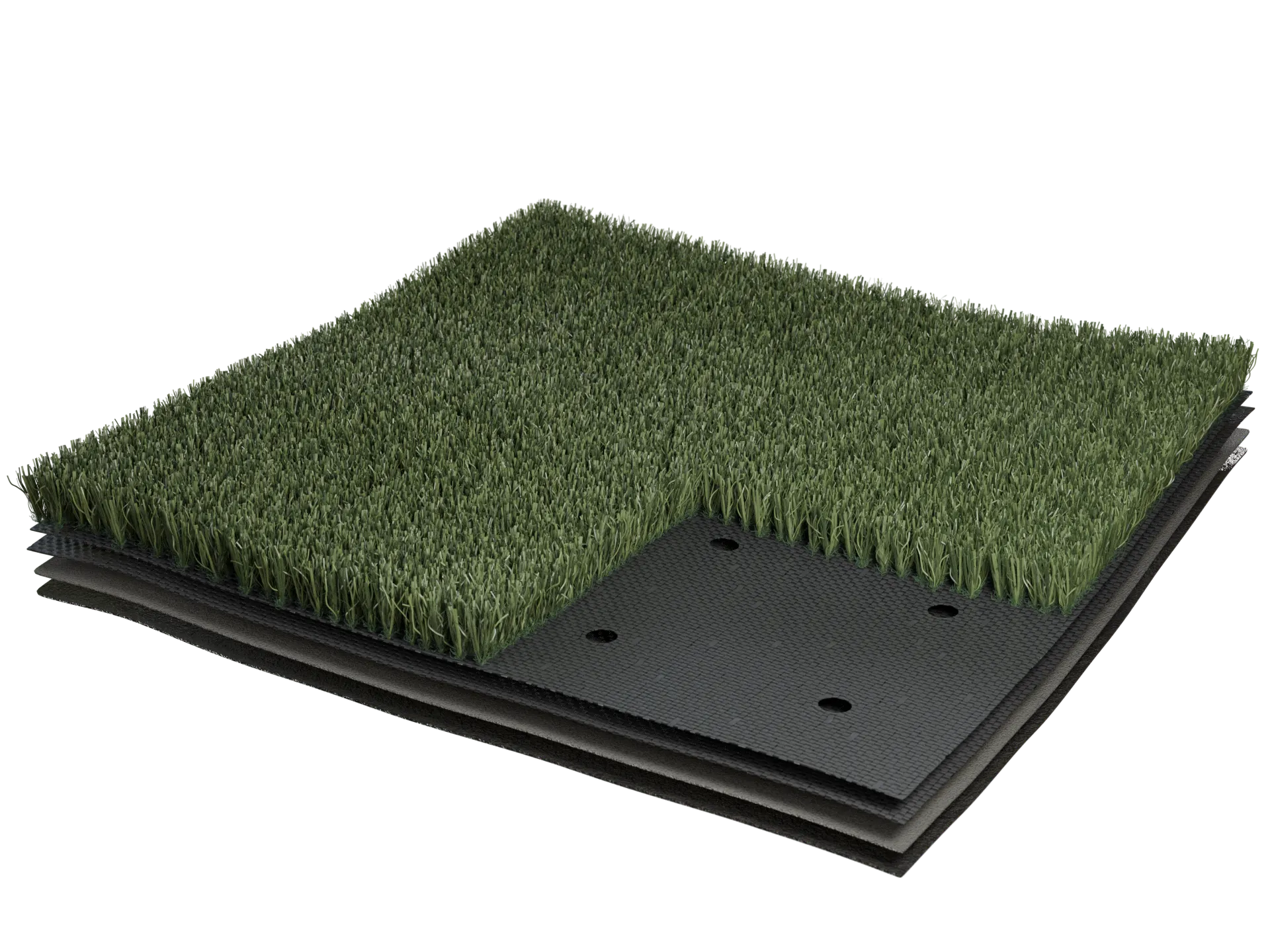 Artificial grass flooring swatch with layered construction