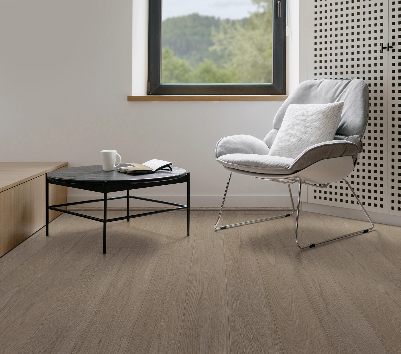 Meditative Oak flooring, shown in a room