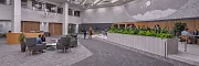 Contemporary Workplace Lobby with Grey Commercial Carpet Flooring Modern workplace lobby with high ceilings, contemporary lighting, and grey commercial carpet flooring