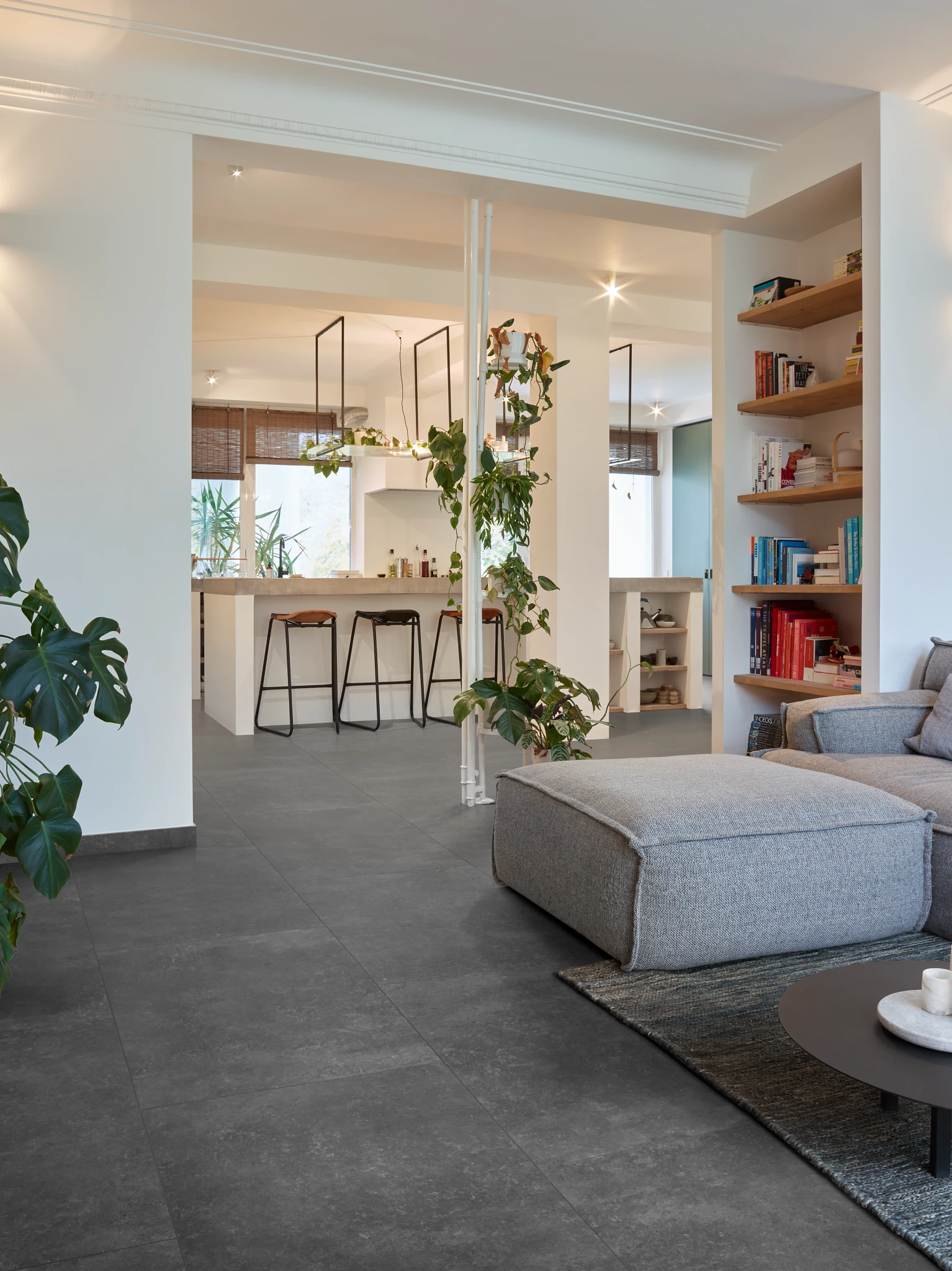 Modern living room with dark stone look luxury vinyl tile flooring, featuring a cozy gray sofa and indoor plants