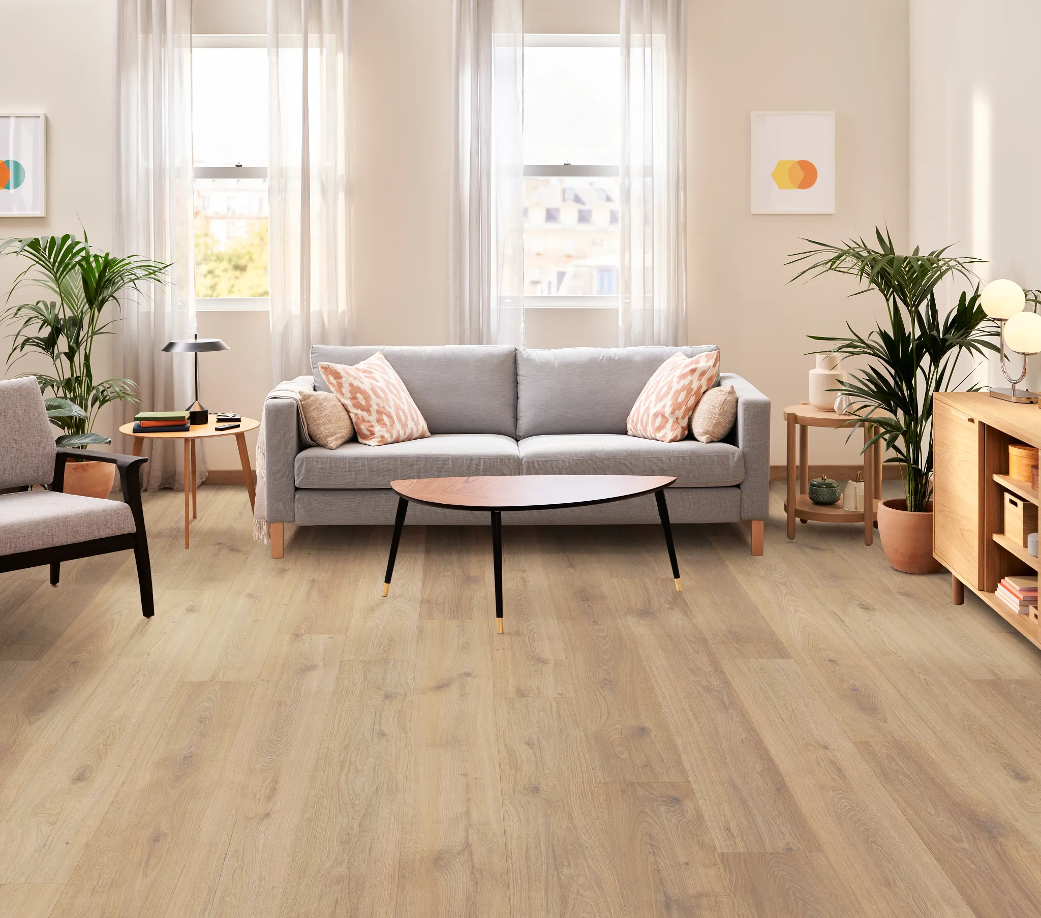 Light oak flooring in a cozy living room with modern decor