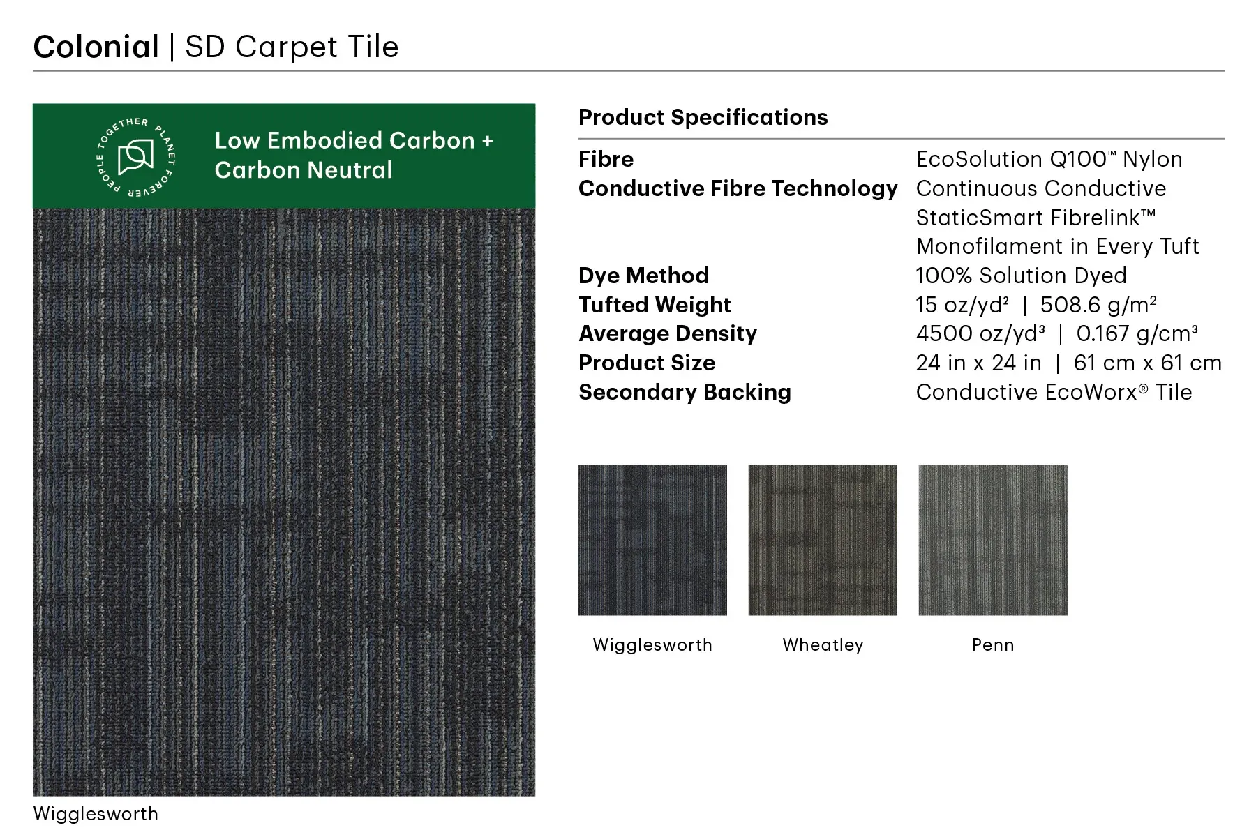 Colonial SD Carpet Tile in Wigglesworth color with EcoSolution Q100 Nylon and StaticSmart Fibrelink technology, 24x24 inch size