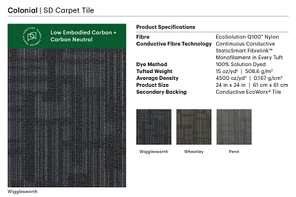 Colonial SD Carpet Tile - Wigglesworth Color - 24x24 inch - EcoSolution Q100 Nylon Colonial SD Carpet Tile in Wigglesworth color with EcoSolution Q100 Nylon and StaticSmart Fibrelink technology, 24x24 inch size
