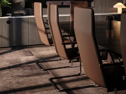 Diseño interior de oficina elegante con un diseño de piso contemporáneo Oficina moderna con sillones de cuero marrón y piso de superficie blanda