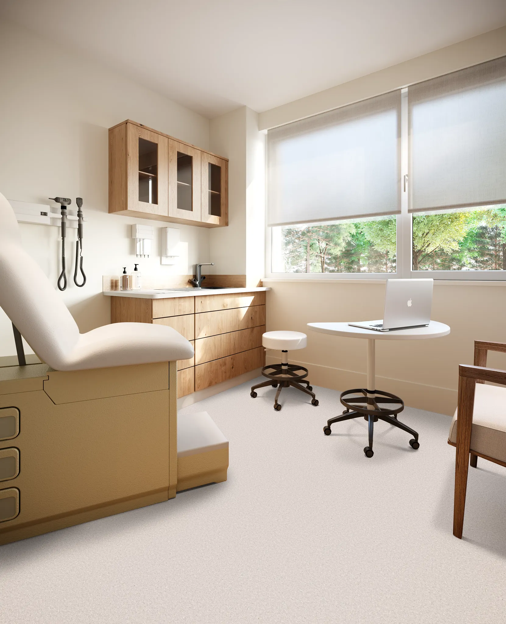 Contemporary healthcare examination room with resilient flooring and timber finishes