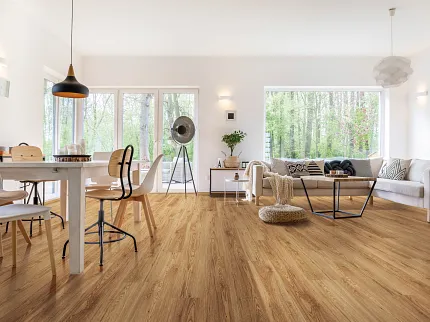 Wood Look Luxury Vinyl Plank Flooring in Contemporary Living and Dining Room Modern living and dining room with wood look luxury vinyl plank flooring