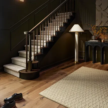 Beige Carpet and Hardwood Flooring Interior Design Elegant interior with beige carpet and hardwood flooring in a stylish home