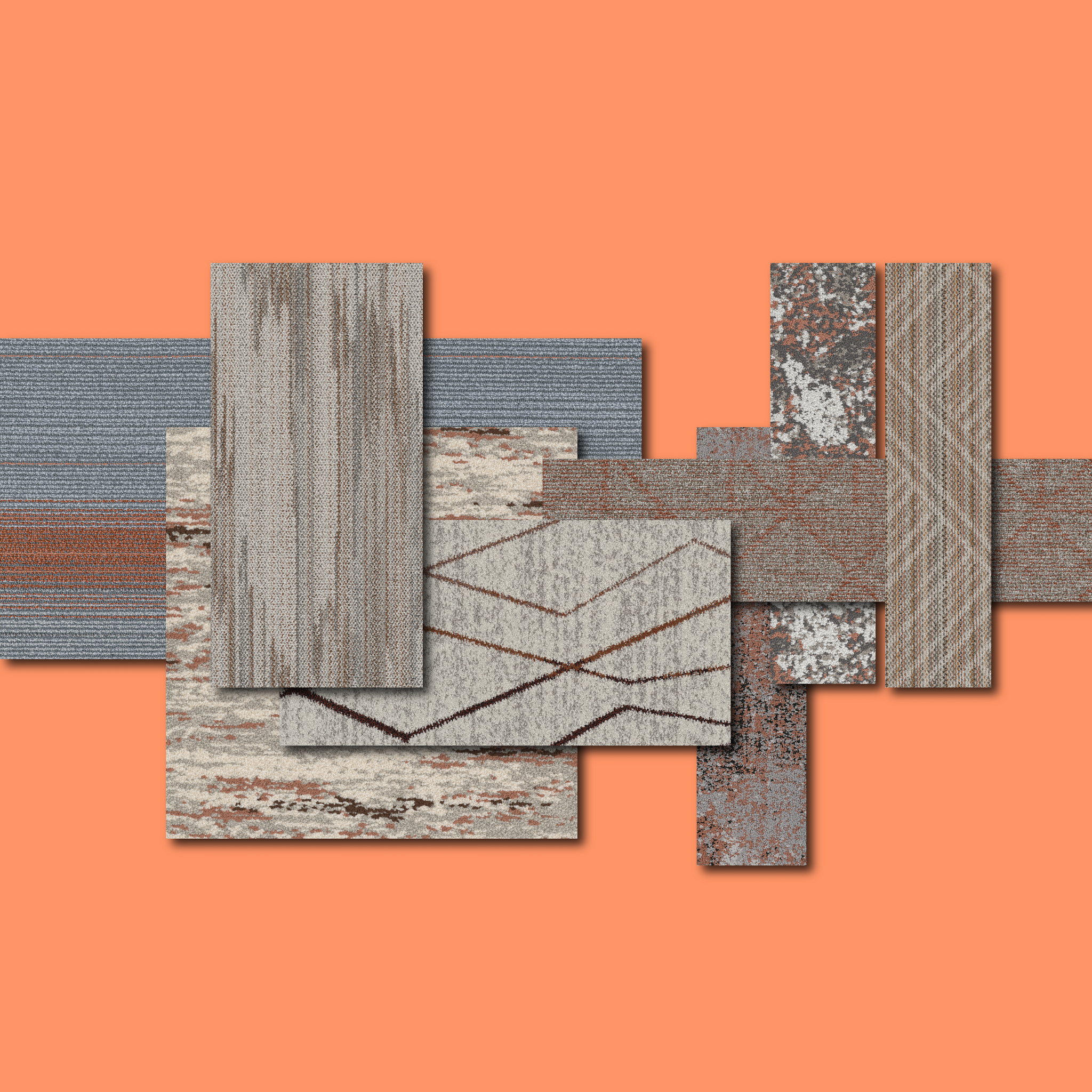 Assorted commercial carpet tile swatches in various patterns and colors including gray, brown, and blue on an orange background