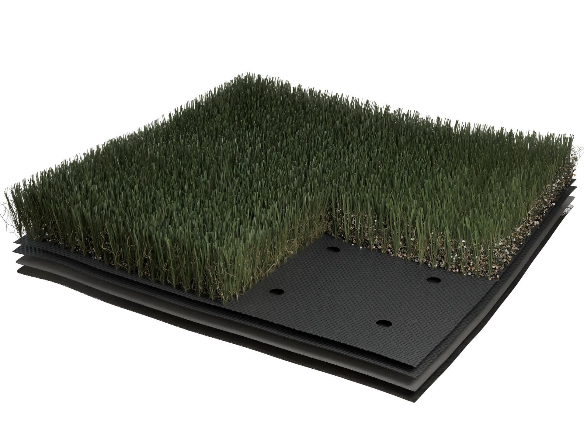 Artificial grass flooring sample with layered construction