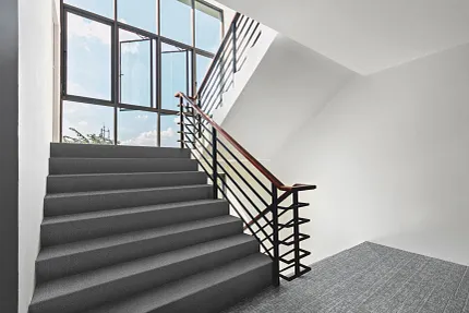 Gray Commercial Carpet Tile in Modern Staircase Setting