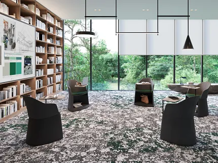 Contemporary library interior with commercial carpet tile flooring and black seating Weathered Tile + Weathered Color Tile