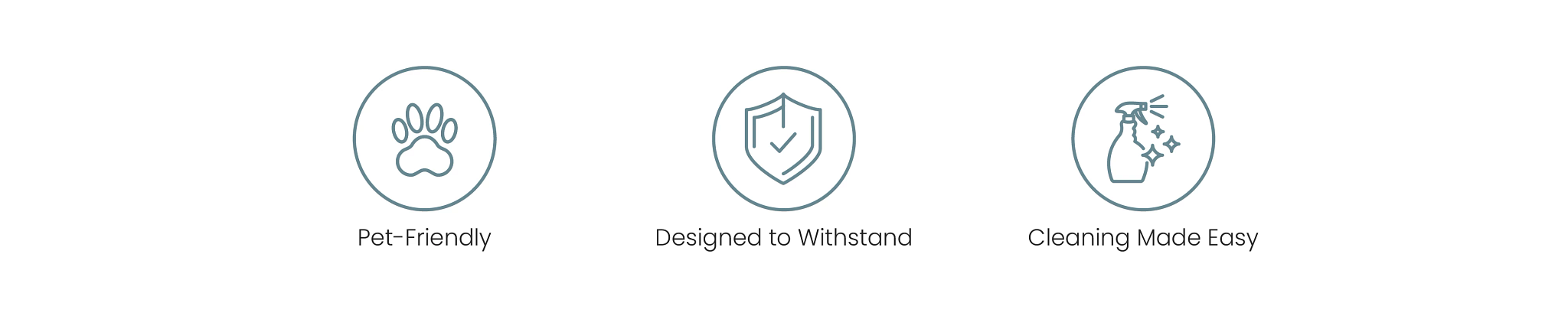 Flooring features icons showcasing pet-friendly, durability, and easy cleaning benefits