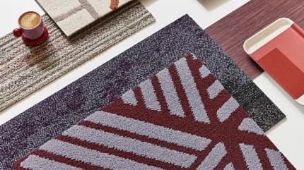Stylish carpet designs for modern interiors Assorted carpet swatches in beige, red, and gray patterns