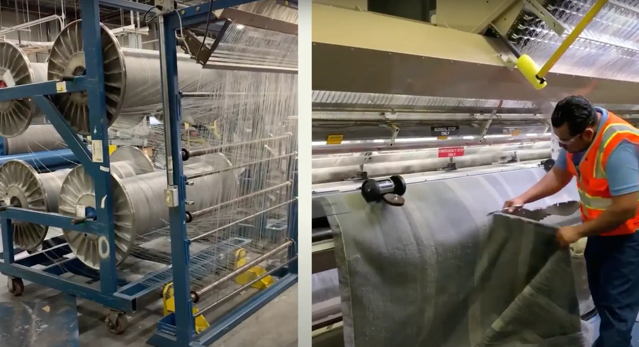 Industrial carpet manufacturing process with machinery and worker inspecting fabric