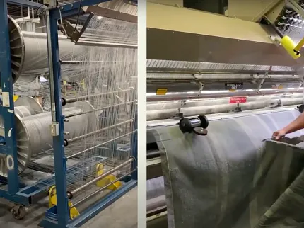 Commercial Carpet Production Facility with Worker and Machinery Industrial carpet manufacturing process with machinery and worker inspecting fabric