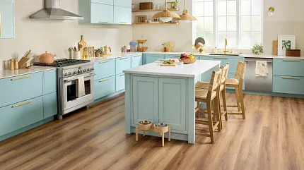 Light Oak Hardwood Flooring in Contemporary Kitchen Design Modern kitchen with light oak hardwood flooring, white cabinetry, and a navy blue island