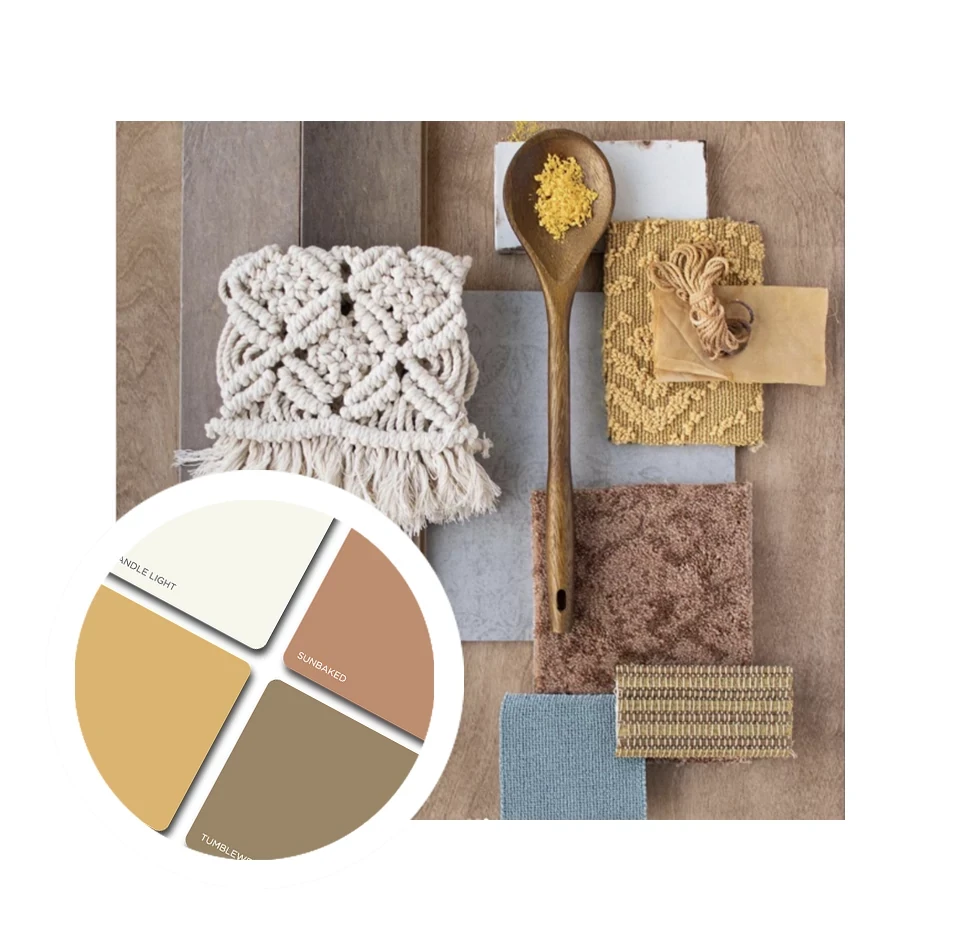 Bohemian Chich color swatches and product lay with materials ans spices