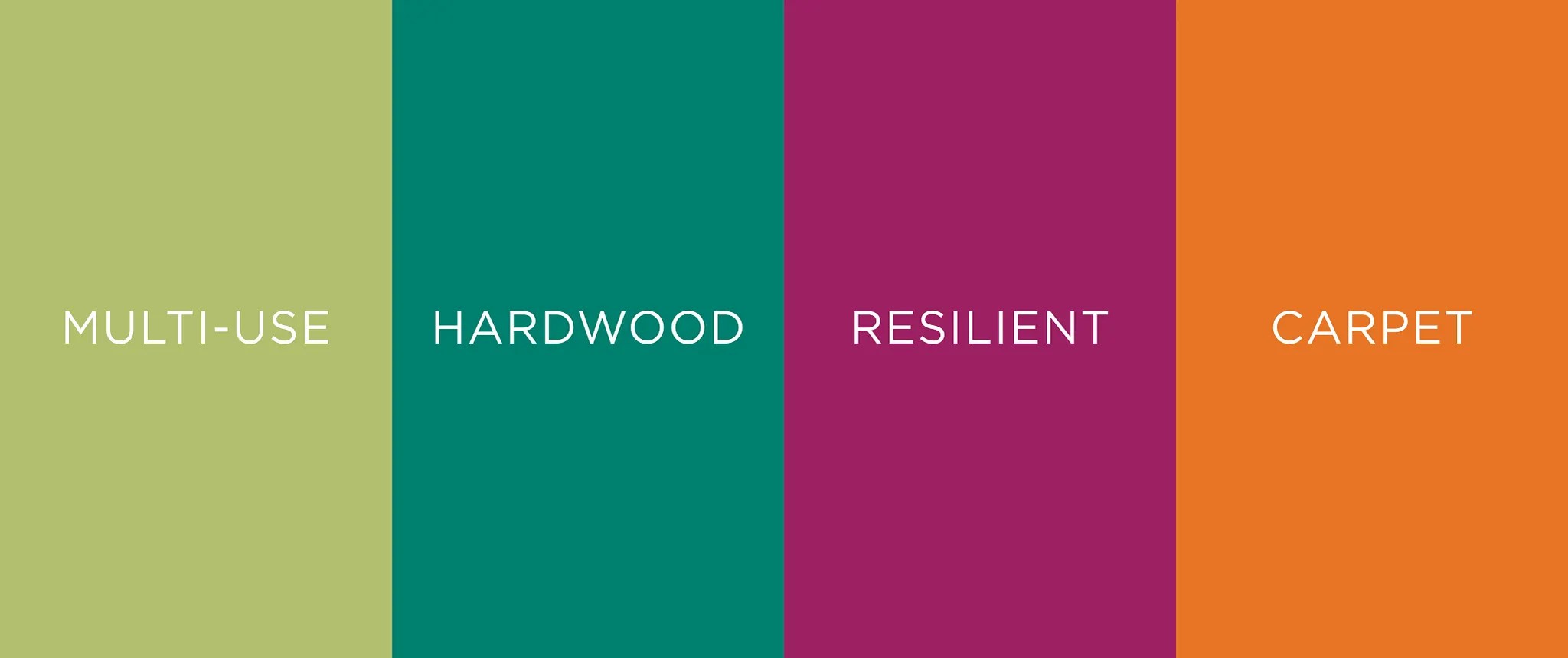 Multi-use flooring options in green, teal, magenta, and orange colors
