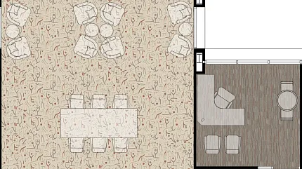 Versatile flooring design with carpet and wood textures Floor plan with abstract patterned carpet and wood-textured flooring