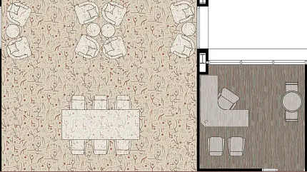Versatile flooring design with carpet and wood textures Floor plan with abstract patterned carpet and wood-textured flooring