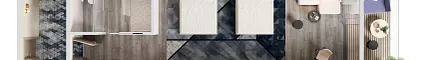 Suite de hotelería contemporánea con alfombra en tono azul oscuro y piso de madera clara. Finding Focus