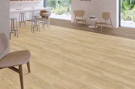 Light Wood Commercial LVT Flooring in Modern Cafe Interior - 48x5.96 inch Heavy Commercial Luxury Vinyl Tile Terrain II in Thatch + Alder
