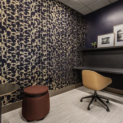 Stylish 9x36 inch carpet tile for contemporary workplaces Modern office with beige carpet tile flooring and abstract wall design