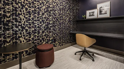 Stylish 9x36 inch carpet tile for contemporary workplaces Modern office with beige carpet tile flooring and abstract wall design