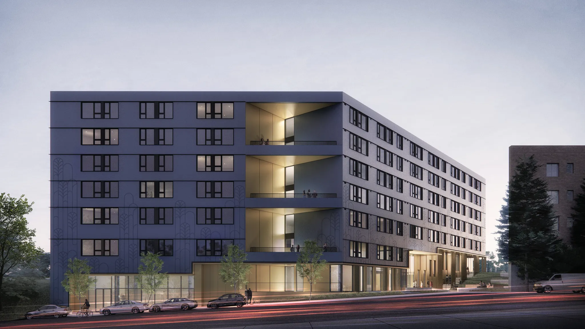 Multifamily exterior building alongside road