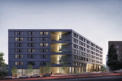 Contemporary urban living architecture design Modern apartment building exterior at dusk