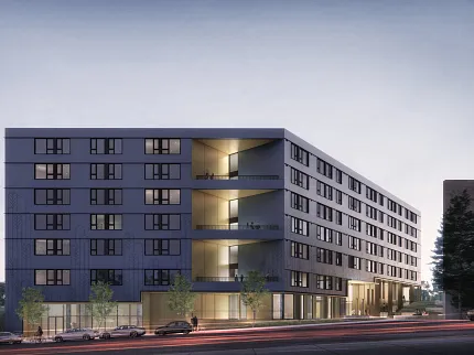 Contemporary urban living architecture design Modern apartment building exterior at dusk