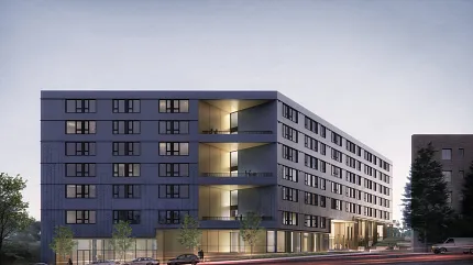 Contemporary urban living architecture design Modern apartment building exterior at dusk
