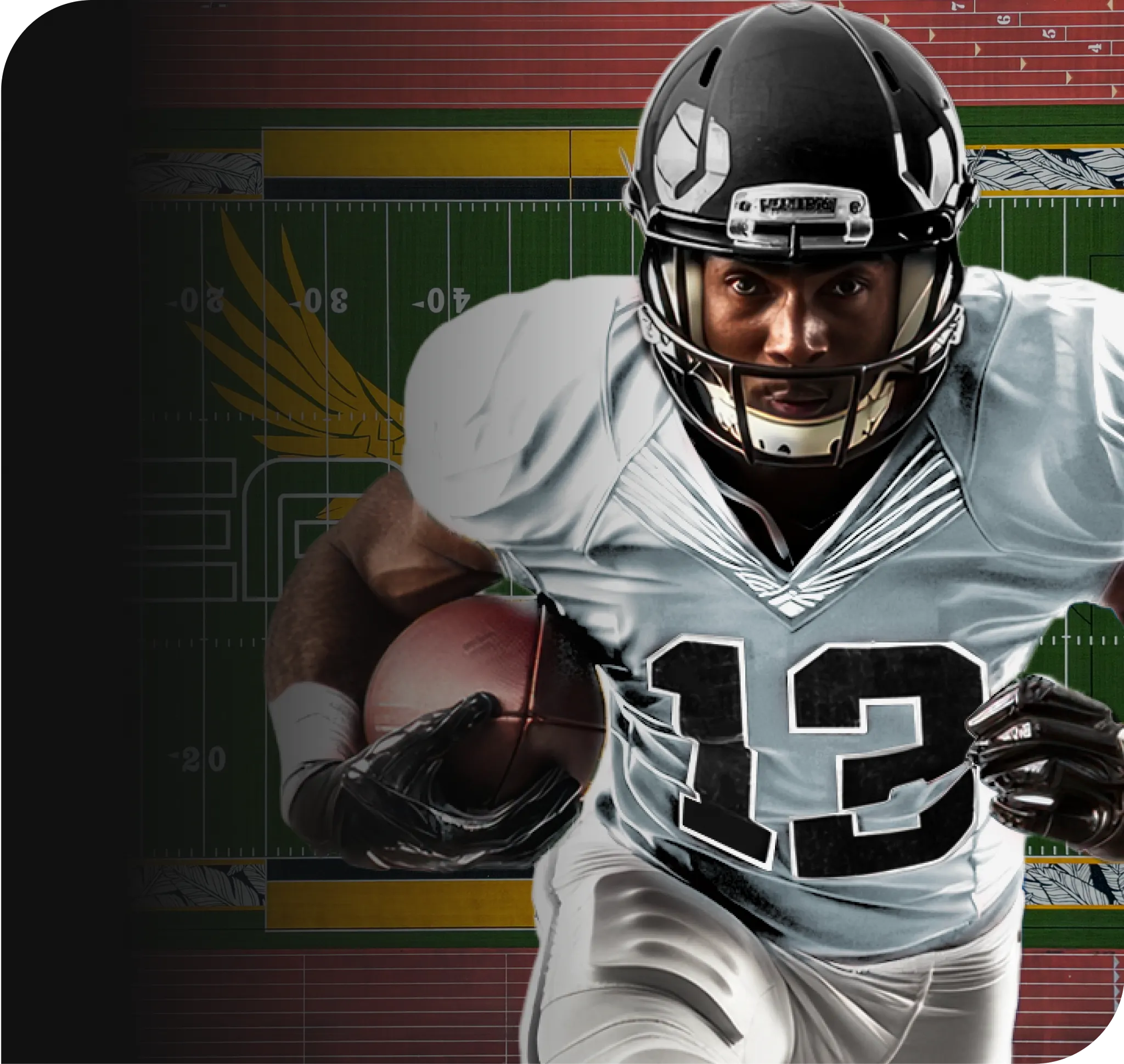 Football player in black helmet and white jersey holding a football