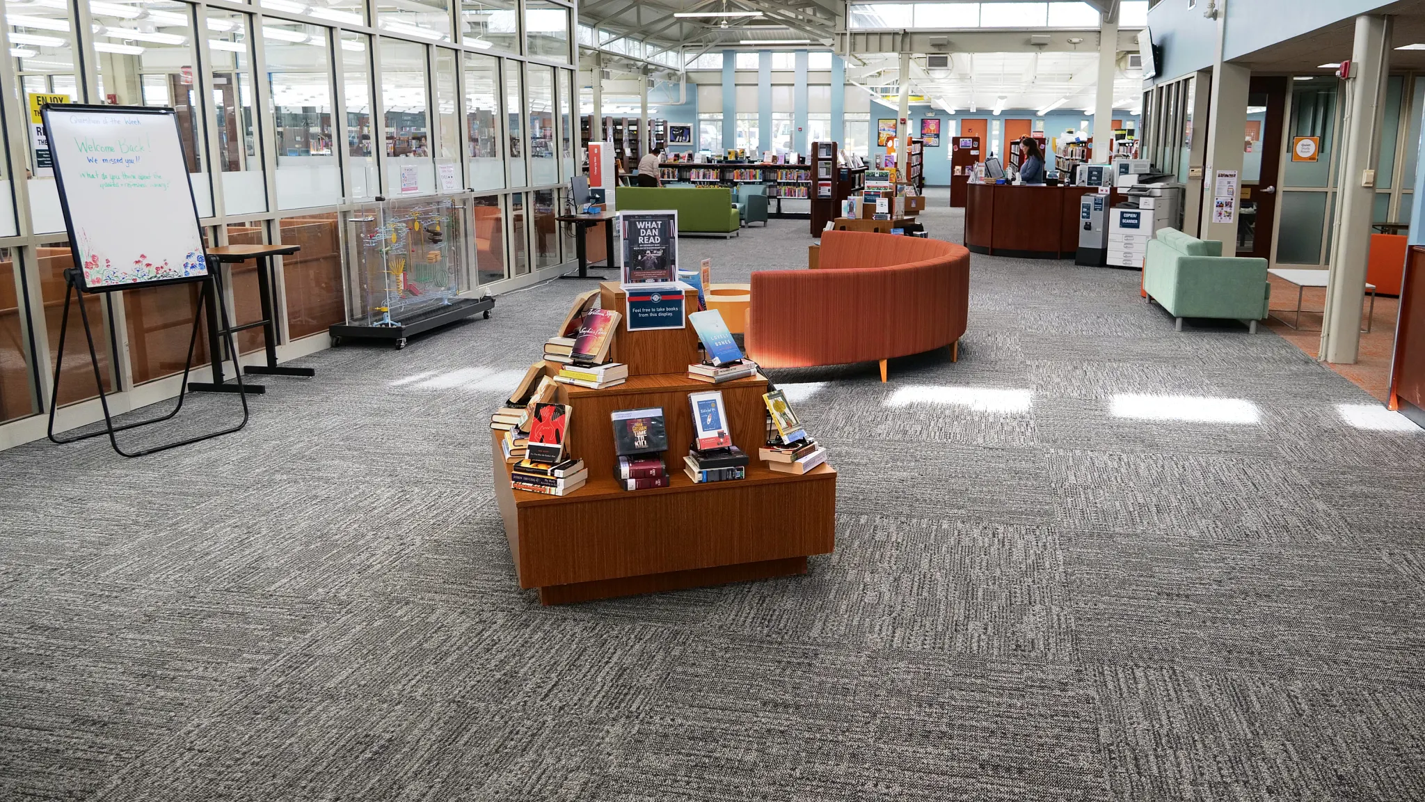 Public library with grey carpet tile