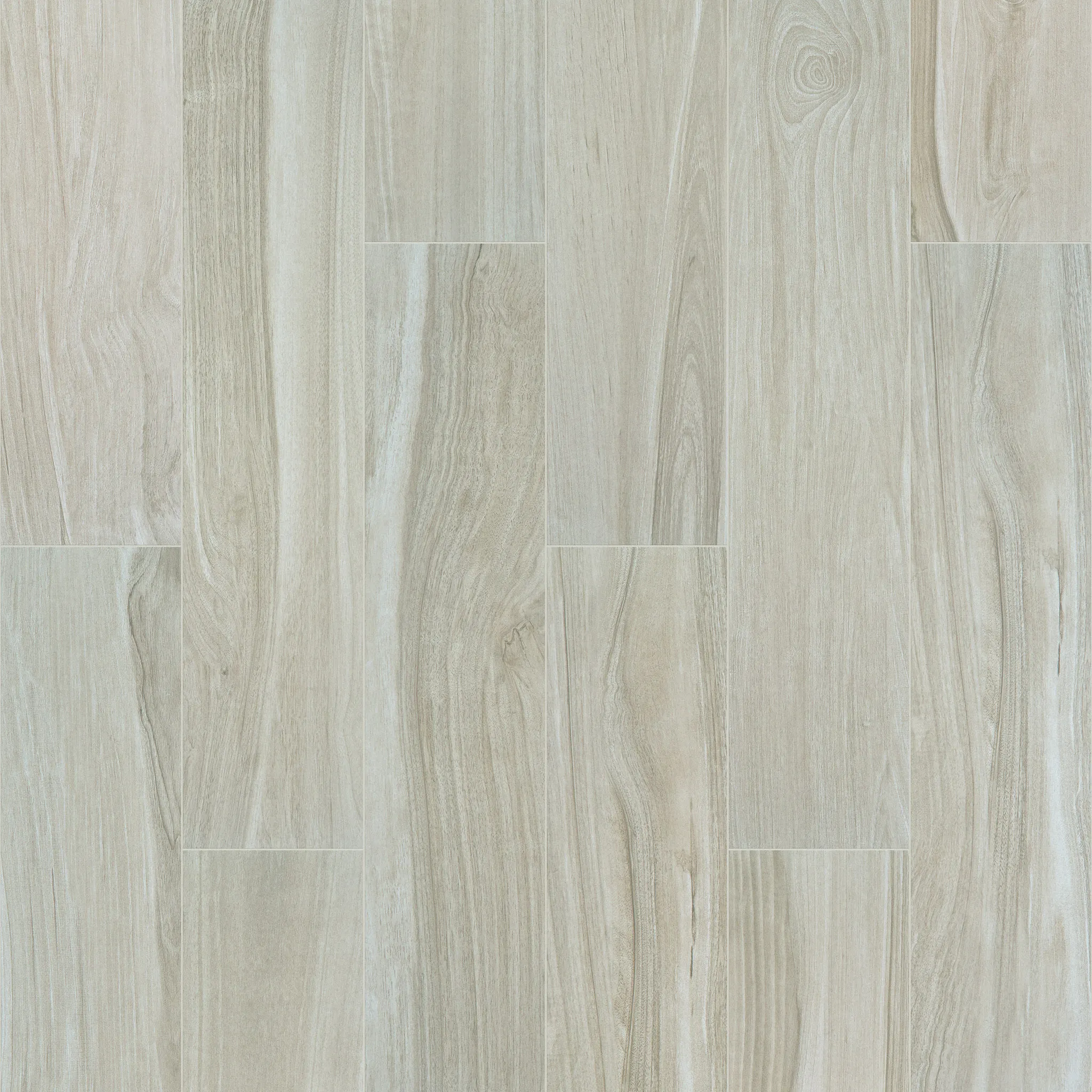 Light wood-look tile flooring in shades of beige and gray, showcasing natural grain patterns for a homely and durable finish