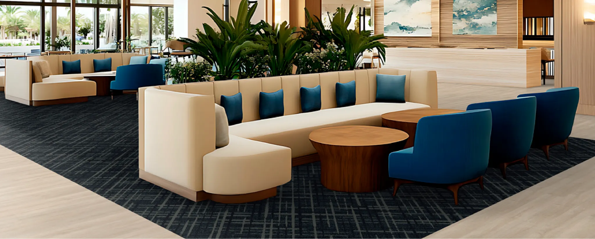 Modern hotel lobby with stylish seating and elegant lighting